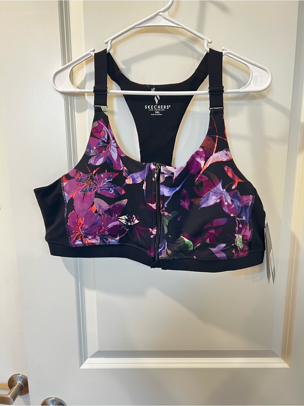 Skechers Floral Front-Zip High-Support Sports Bra - Black & Purple